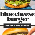 blue cheese burger with caramelized onions on blue plate