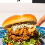 blue cheese burger recipe with caramelized onions on blue plate