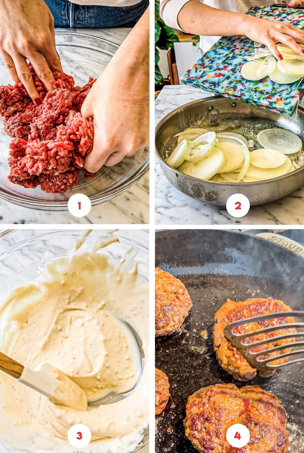 four step grid prepaing burgers and caramelized onions