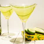 two cucumber martini with cucumber ribbon garnish