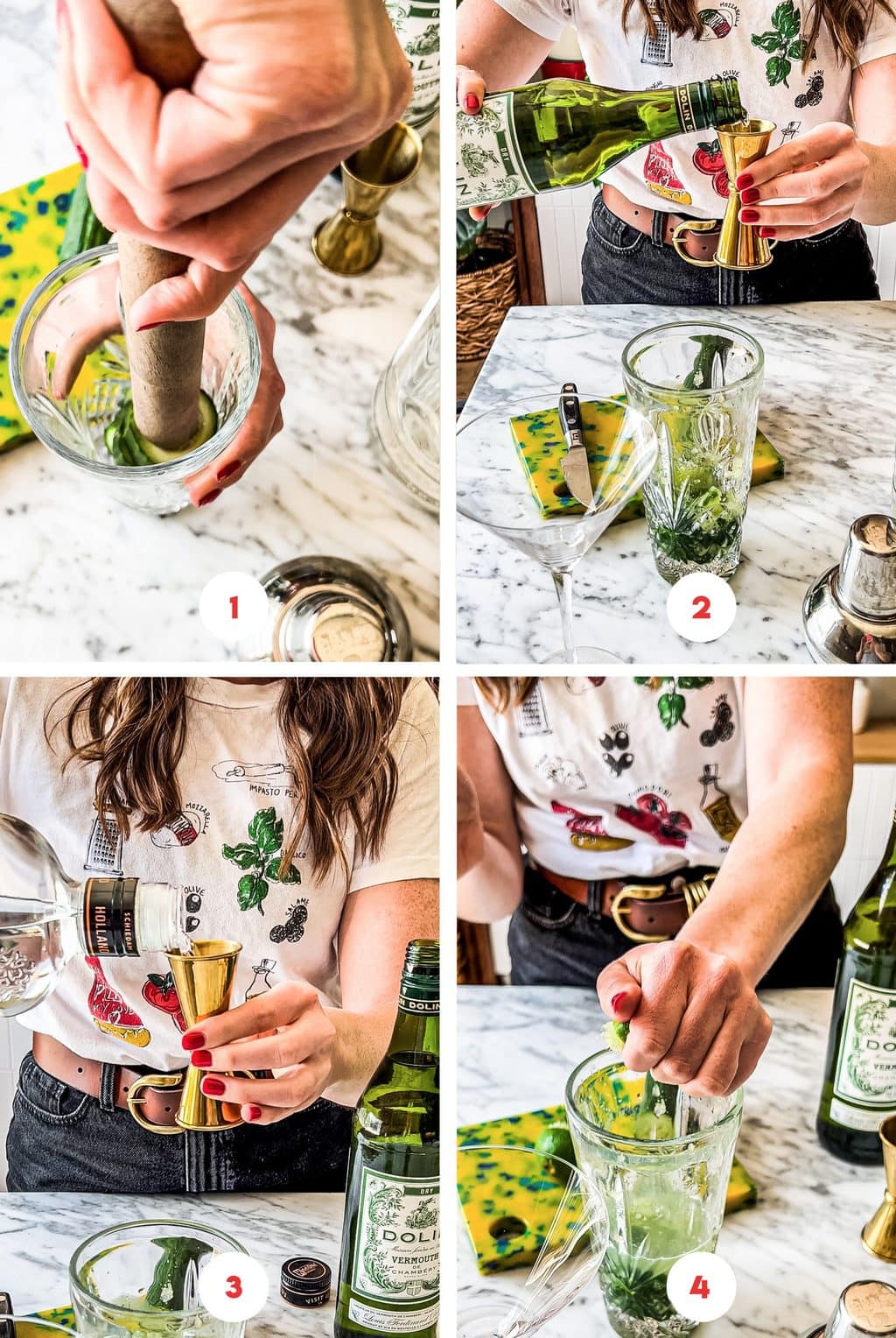 four step grid making cucumber martini in cocktail shaker