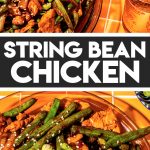 chinese chicken with string beans and garlic sauce on glass platter