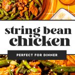 chicken string bean stir fry on glass platter