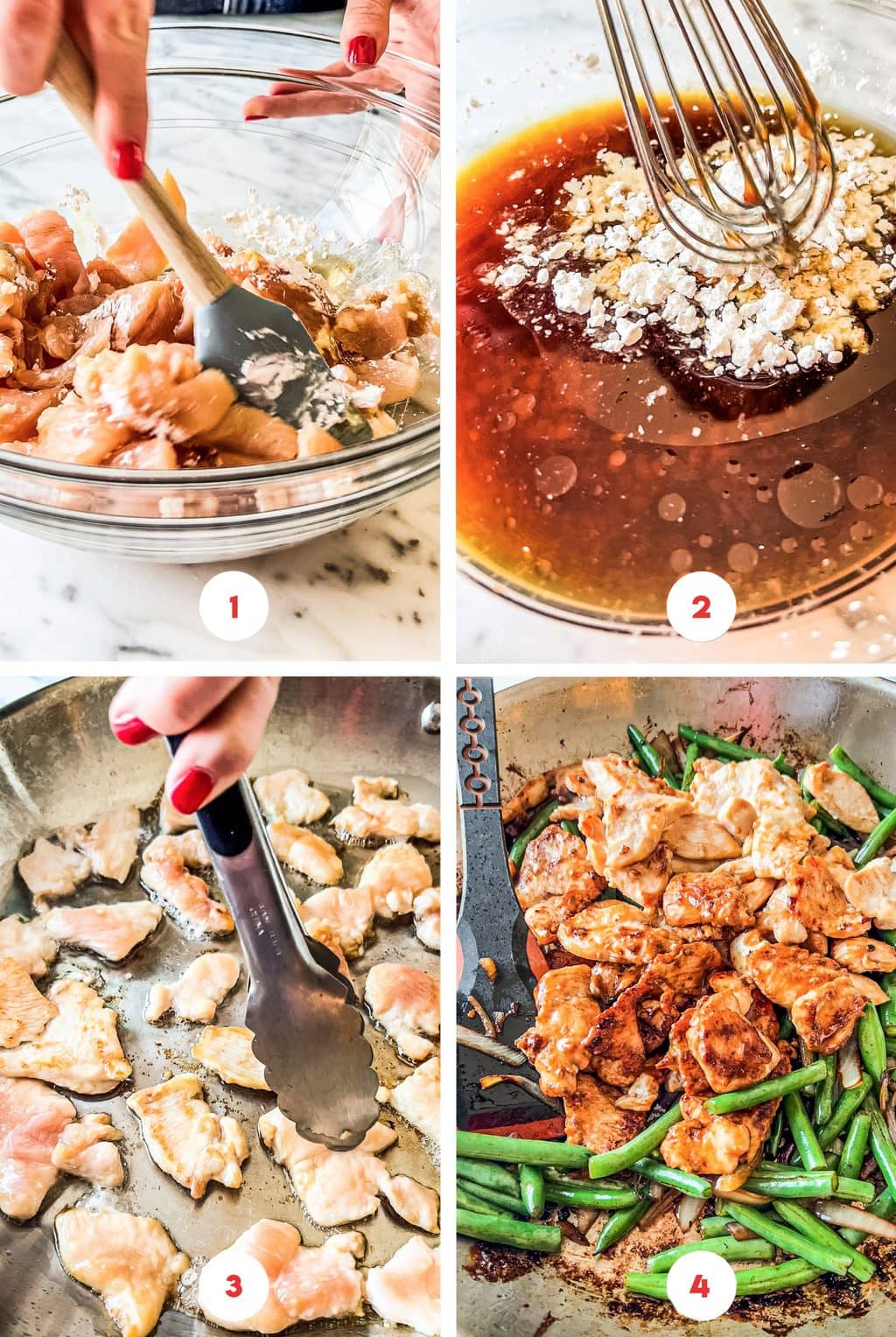 four step grid preparing chicken with string beans in skillet