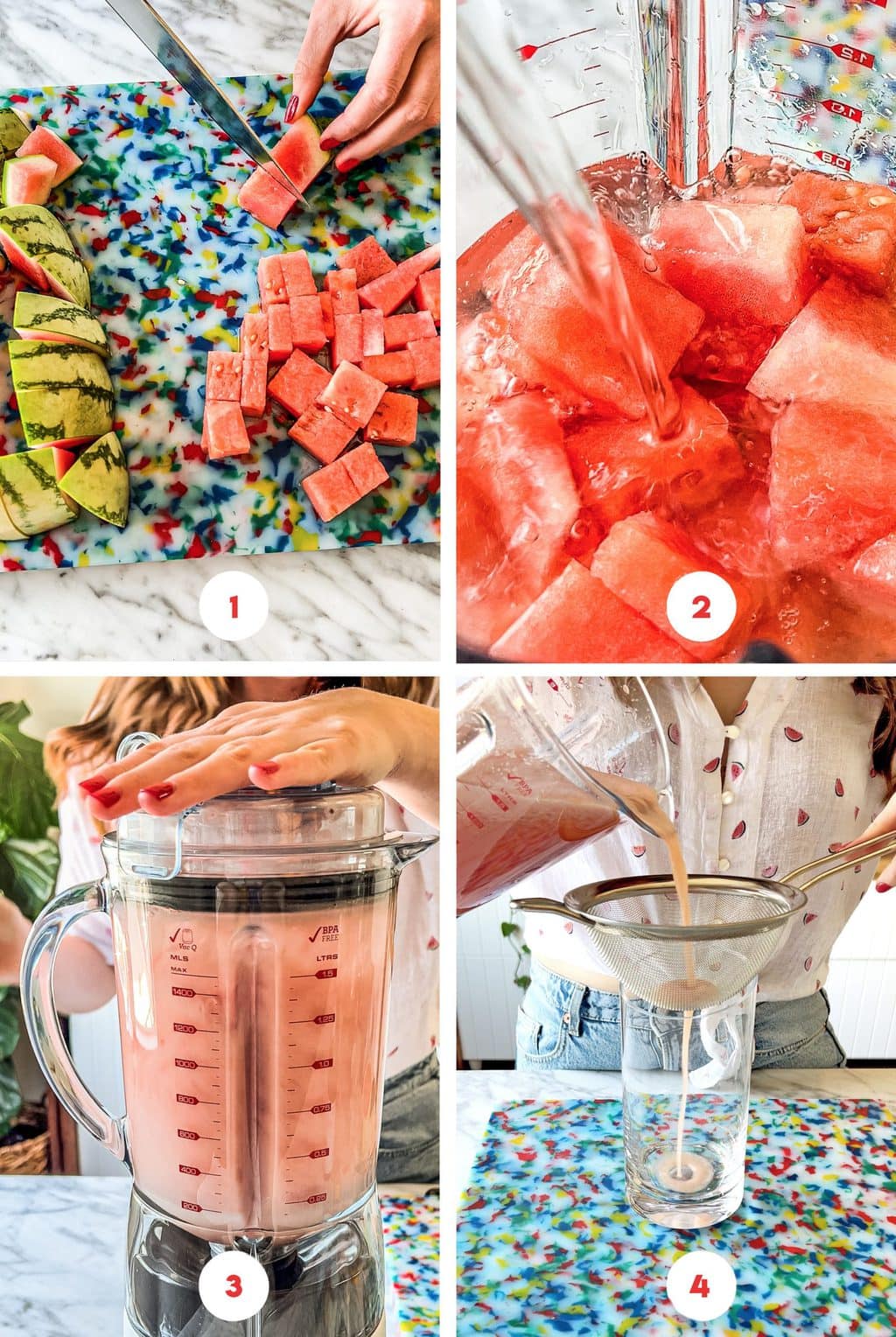 step by step on how to make the watermelon tequila spritzer in a blender.