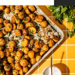 lemon herb roasted potatoes recipe on baking sheet