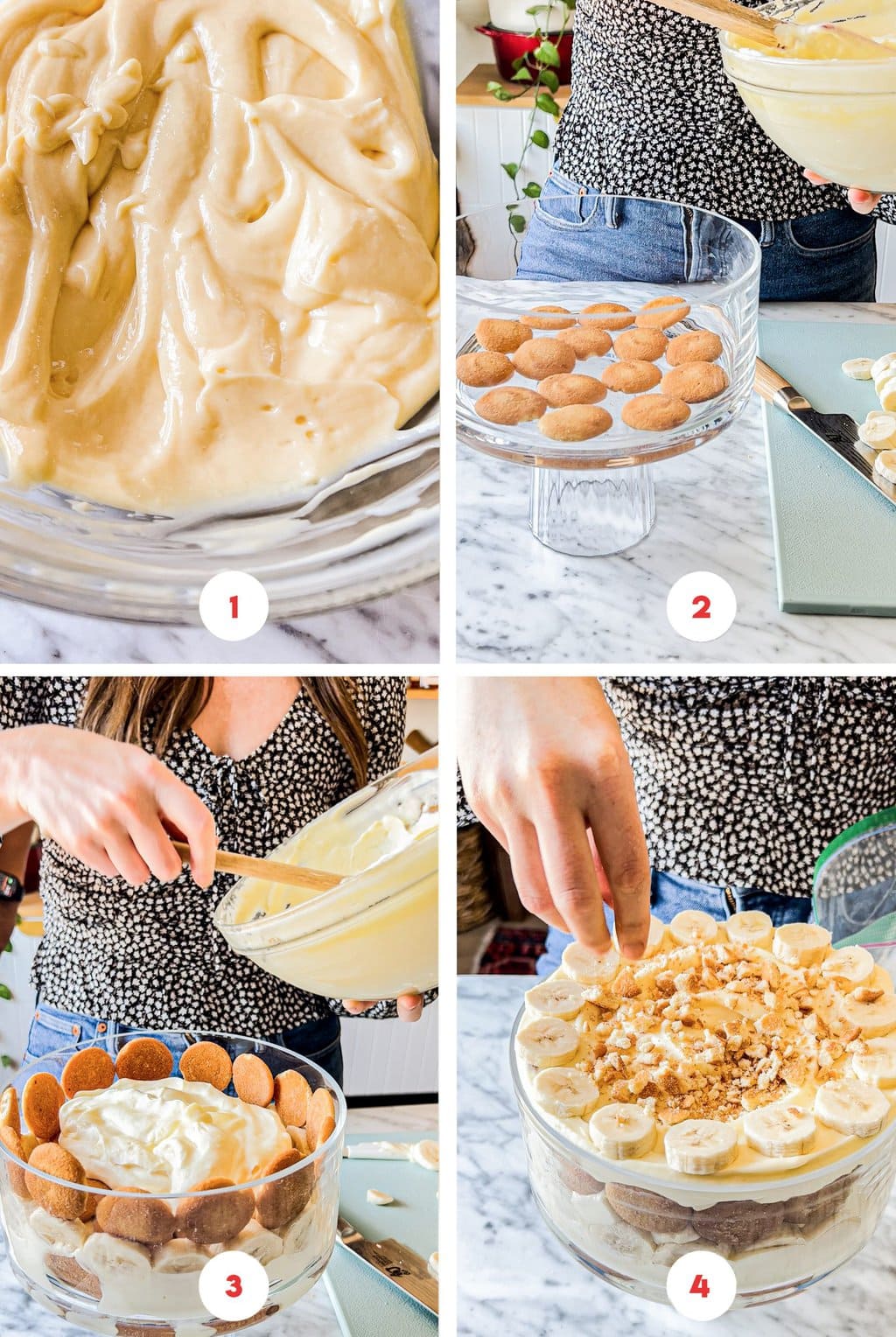 four step grid layering banana pudding trifle in bowl