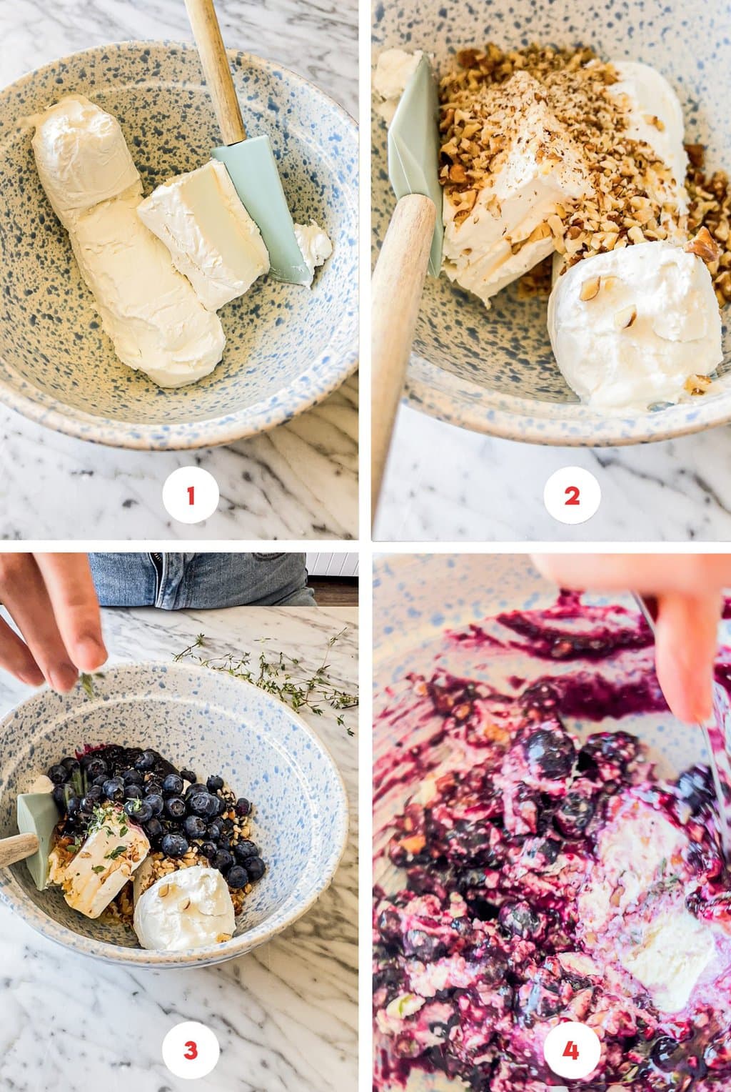 four step grid making blueberry goat cheese recipe in bowl