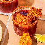 hibiscus margarita in glass with edible flower ice cube