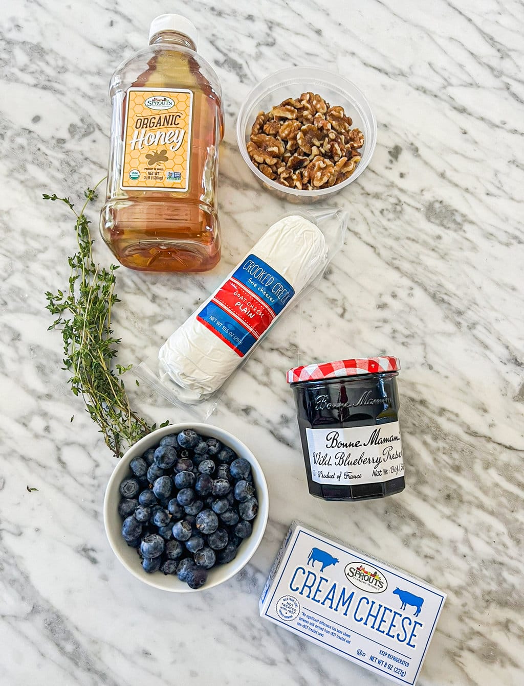 honey, walnuts, goat cheese, thyme, blueberry preserves, blueberries, cream cheese