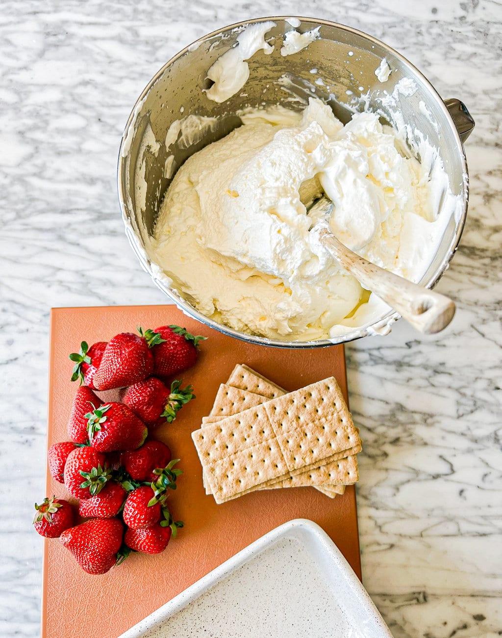 whipped cream, strawberries, graham crackers