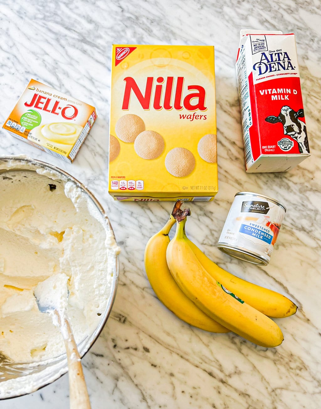 nilla wafer cookies, instant pudding mix, whipped cream, bananas, sweetened condensed milk, milk