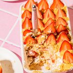 strawberry ice box cake in white baking dish