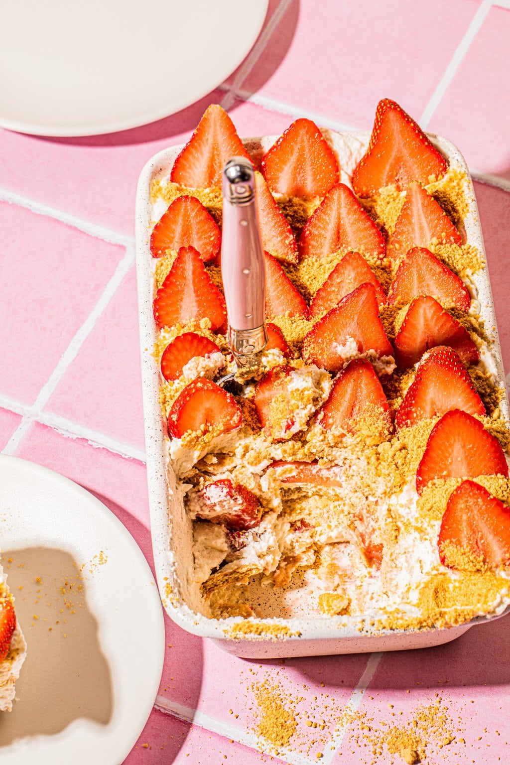 strawberry ice box cake in white baking dish