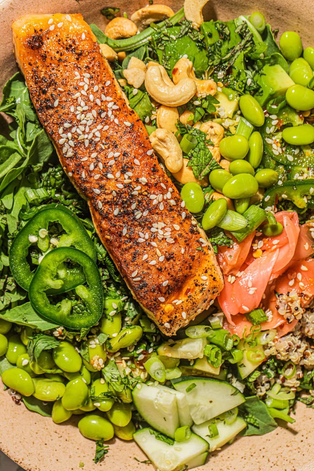 easy edamame bowl topped with salmon