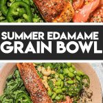 edamame bowls in large brown bowl topped with salmon