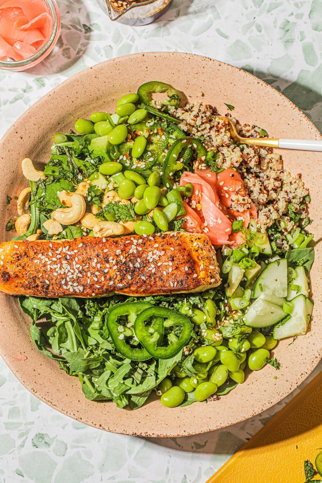 easy edamame bowl topped with salmon