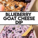 two hands spreading goat cheese with blueberries on cracker with gold knife