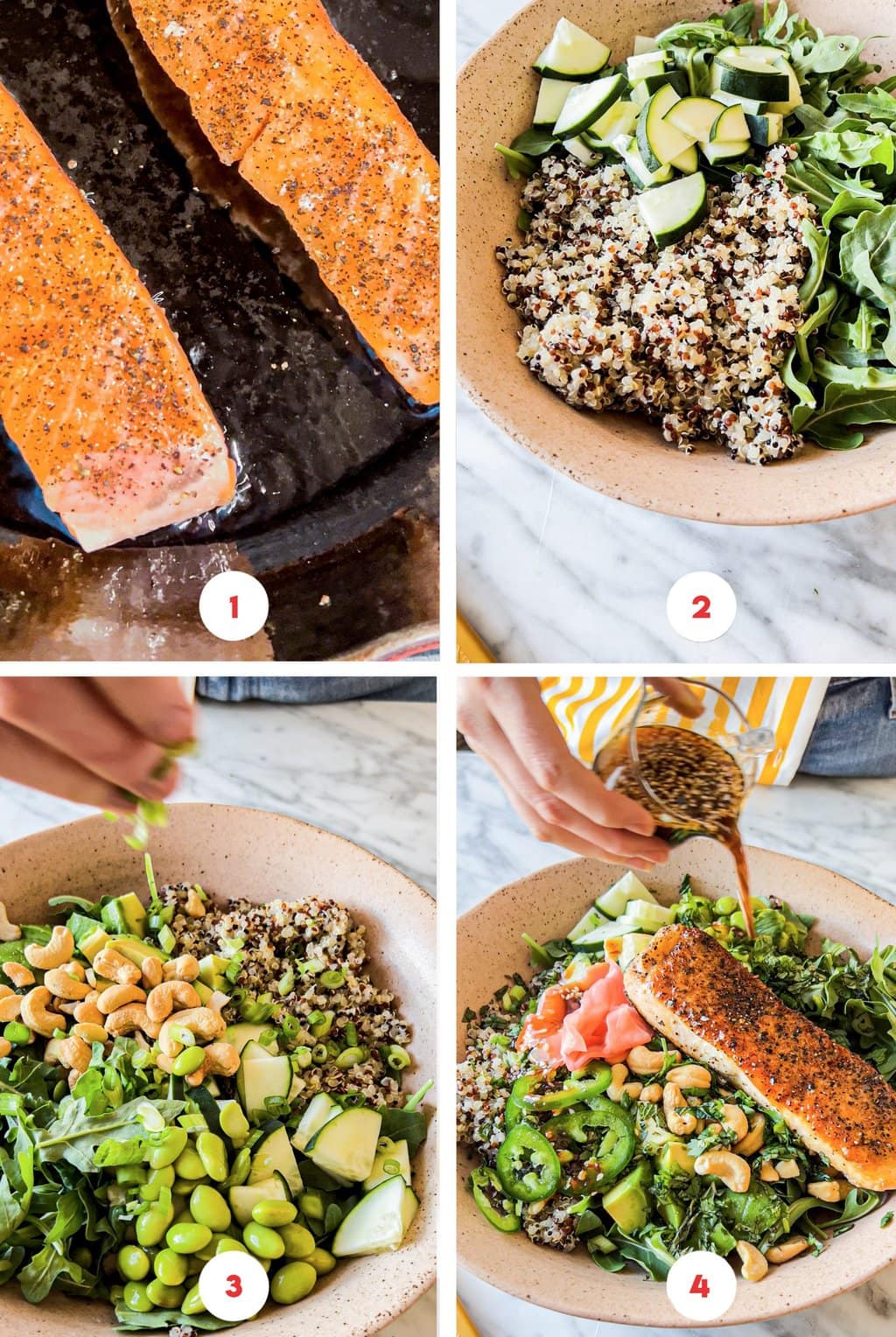 four step grid preparing salmon edamame bowls and finishing with teriyaki sauce