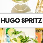 a hugo spritz in a large wine glass with a mint sprig and a lime wheel