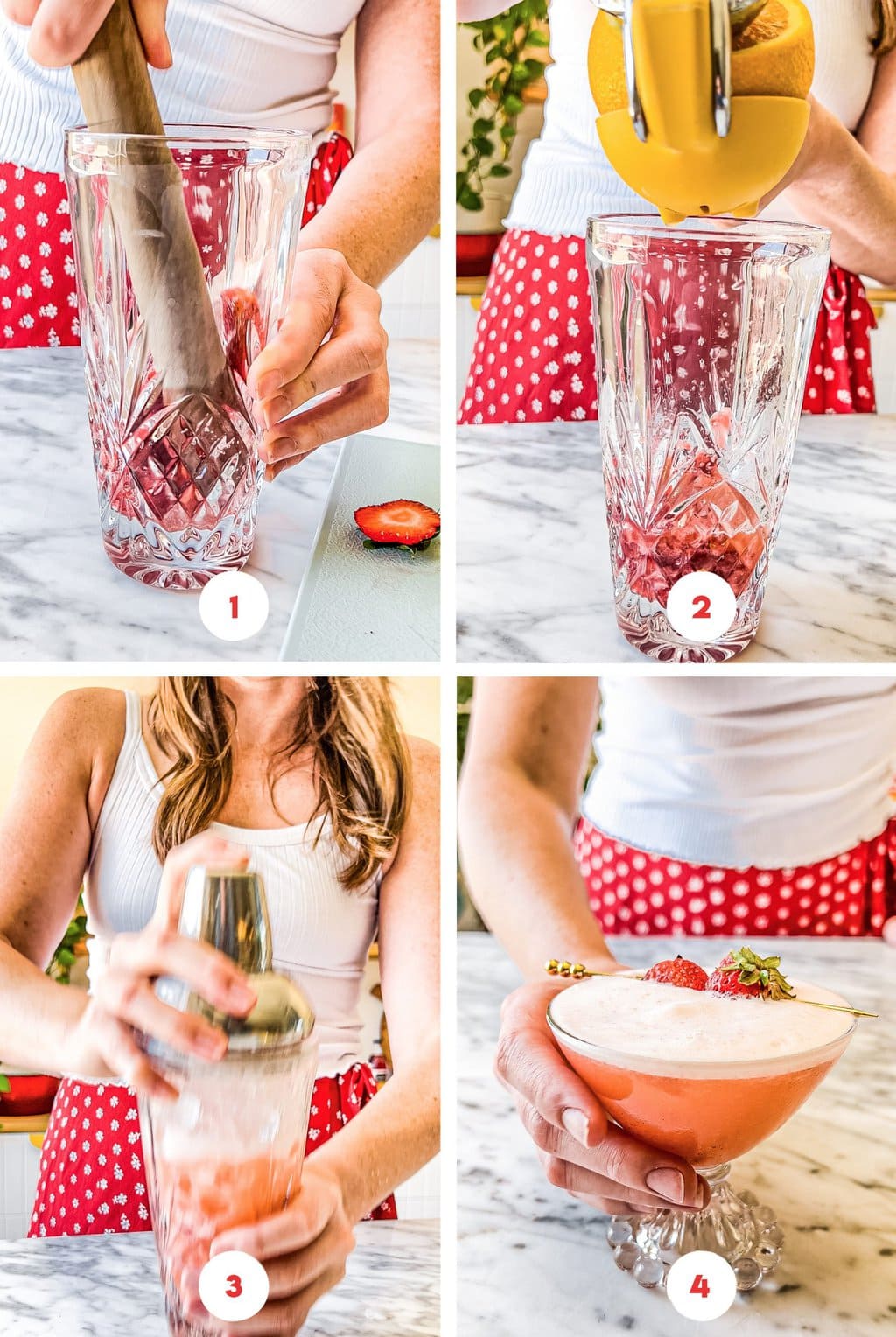 four step grid making strawberry tequila sour recipe