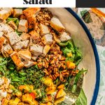 chopped peach salad in large white bowl