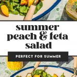 two hands tossing peach spinach salad in large bowl with tongs