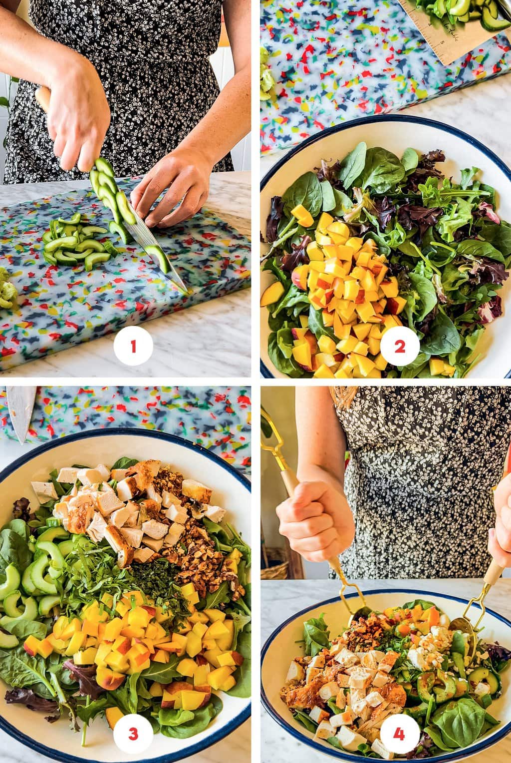 four step grid preparing summer peach salad recipe