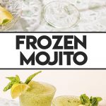 two frozen mojitos in a wine glass garnished with mint sprig and lime