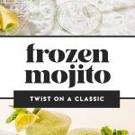 two frozen mojitos in a wine glass garnished with mint sprig and lime