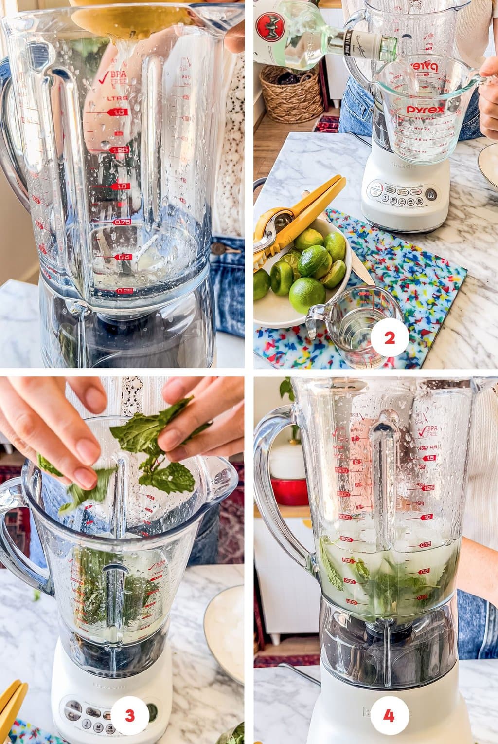 four step grid preparing frozen mojito recipe in a blender