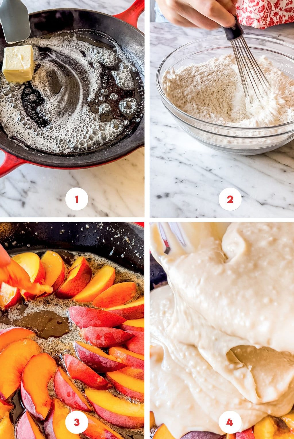 four step grid preparing peach upside down cake recipe