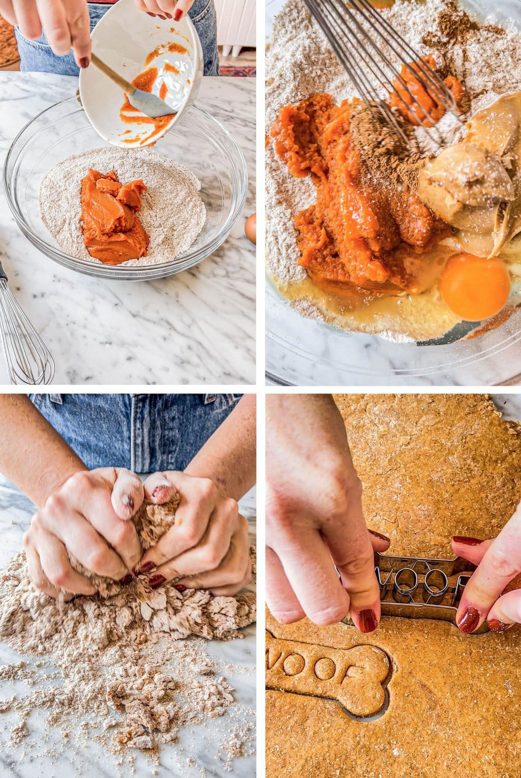 putting pumpkin puree in a bowl with whole wheat flour, mixing together dough mixture, kneading dough together on a marble counter, bone cookie cutter cutting biscuits 