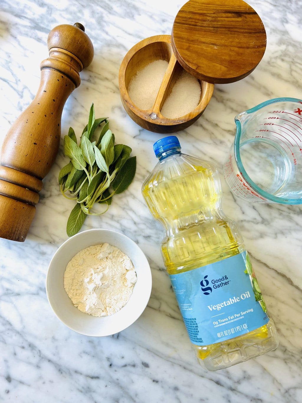 pepper mill, sage leaves, flour, vegetable oil, salt, soda water 