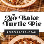 turtle pie in pie dish drizzled with caramel, chocolate and pecans