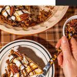 fork taking a portion from slice of turtle pie on plate