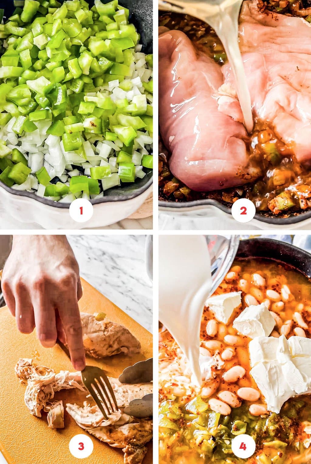 four step grid making white bean chicken chili on the stove