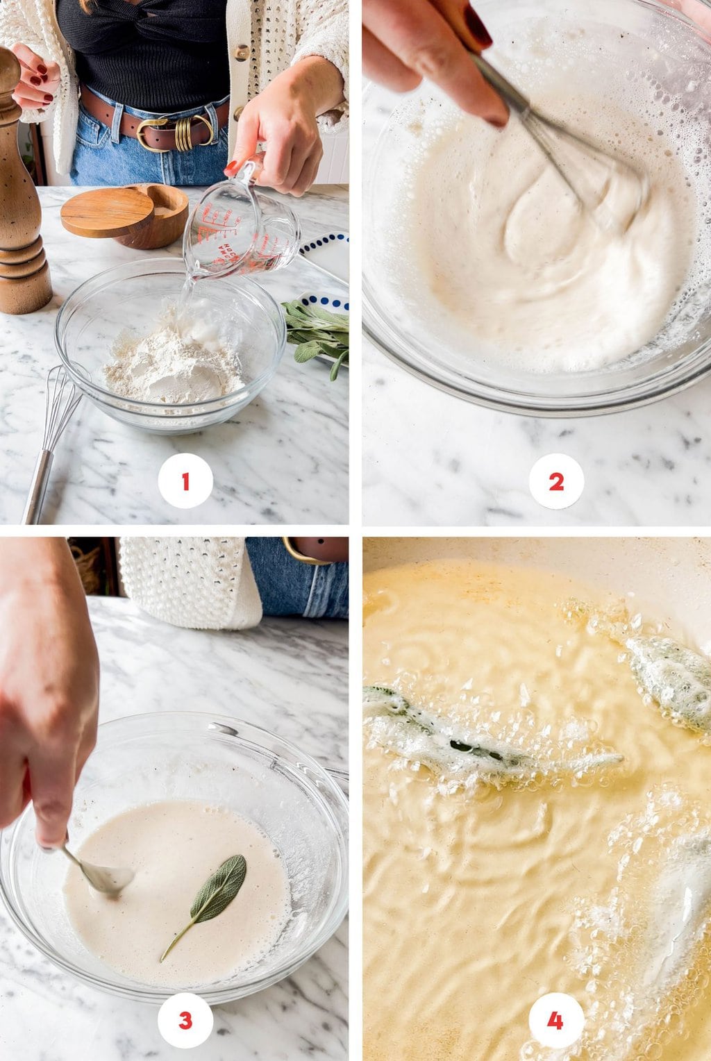 pouring water into flour, mixing batter with a whisk, dipping sage leaves into batter, frying sage leaves in vegetable oil 