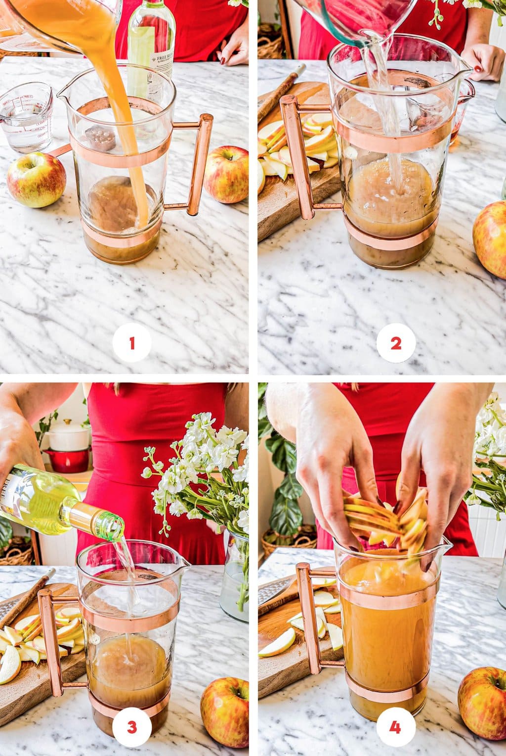 four step grid making caramel apple sangria recipe in pitcher