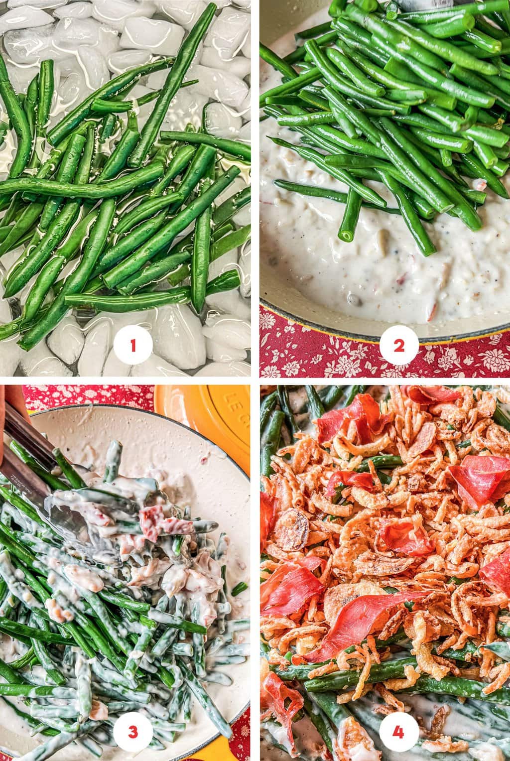 Blanching green beans, mixing up the casserole, topping it with prosciutto 