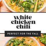 white bean chicken chili topped with sour cream, jalapeno slices and cilantro in white bowl