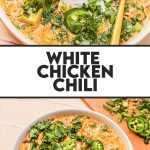 white chicken chili topped with sour cream, jalapeno slices and cilantro in white bowl