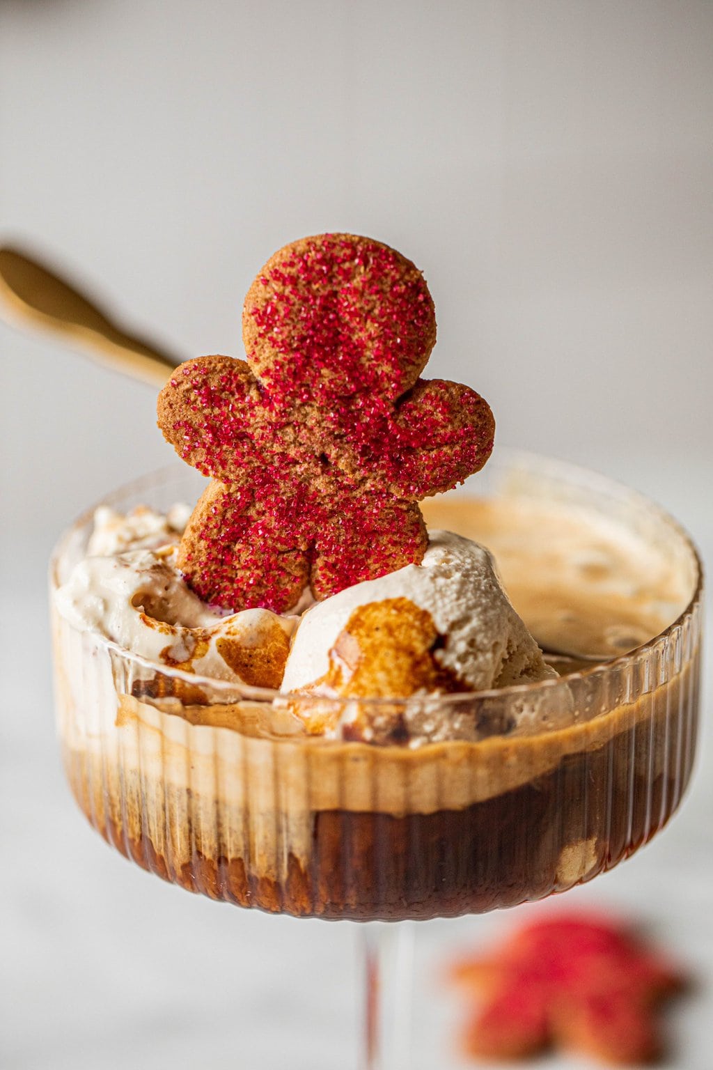 gingerbread cookie sitting on top of affogato in coupe glass