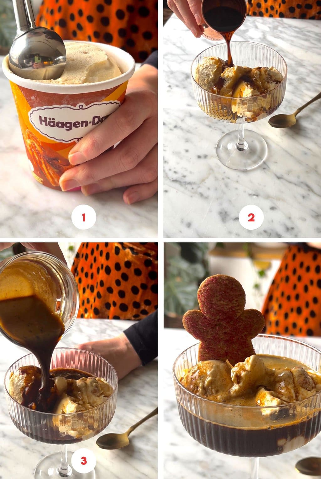 four step grid making gingerbread affogato recipe