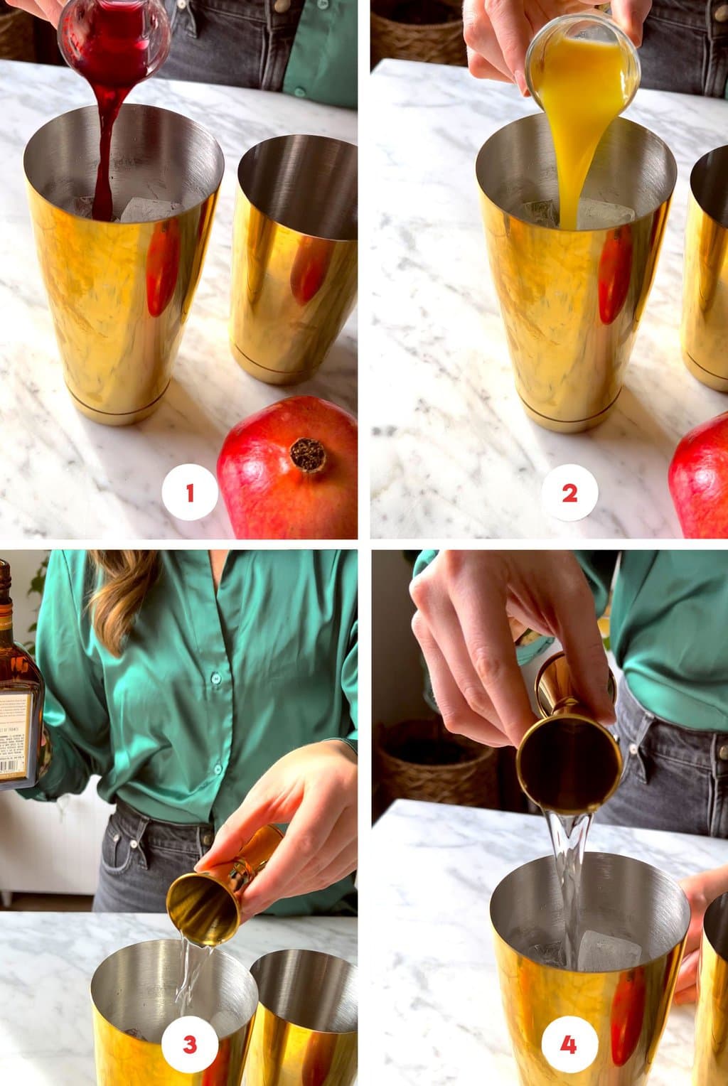 four step grid preparing pomegranate ornamentini in cocktail shaker