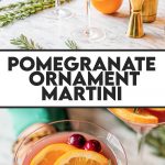 pomegranate ornament cocktail placed in martini glass