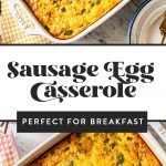 sausage egg cheese casserole in white ceramic baking dish