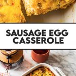 spatula lifting sausage egg bake out of white baking dish