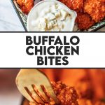 buffalo chicken bite on fork dipping into blue cheese sauce