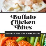 buffalo chicken bite on fork dipping into blue cheese sauce